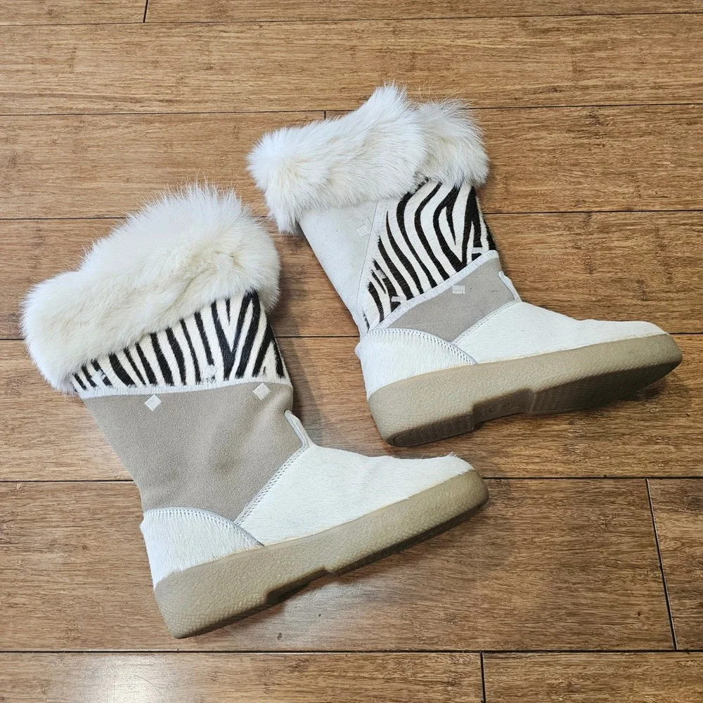 Cristina Italy Zebra Fur Trim Leather Boots Women‎ 37 White Tan